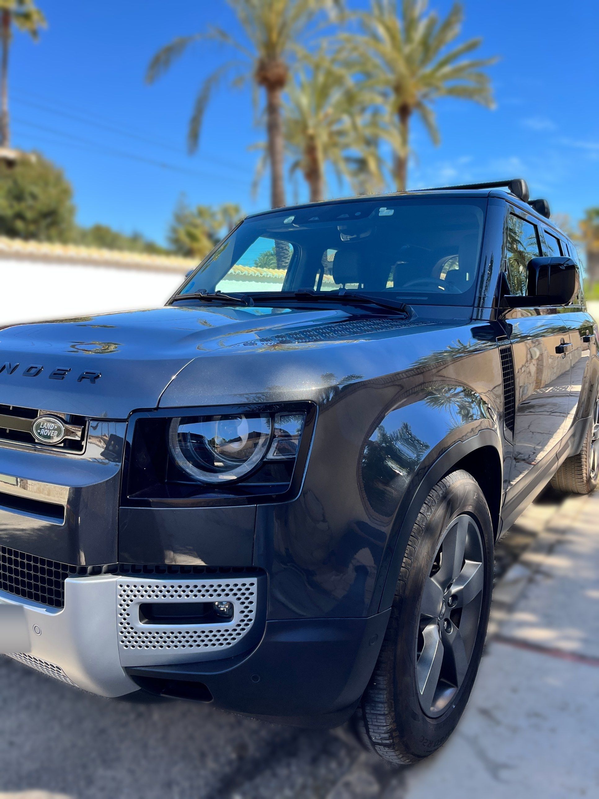 Land Rover Defender gris recién lavado, vista frontal de tres cuartos bajo las palmeras